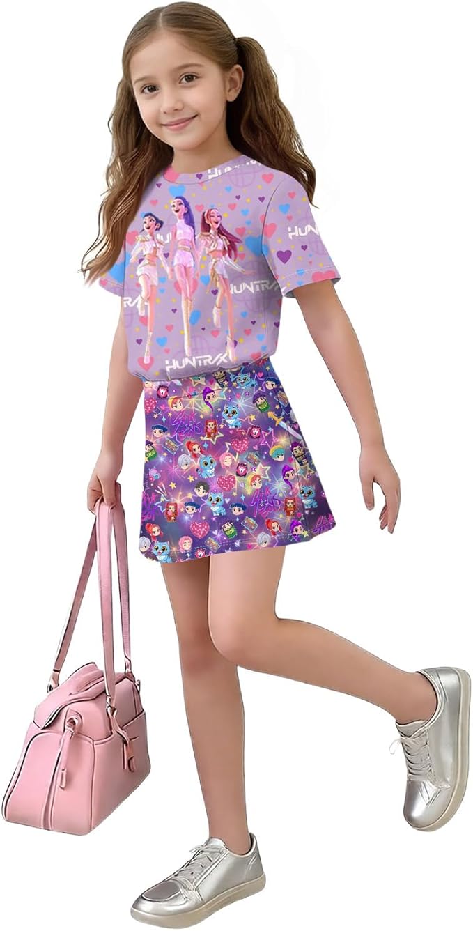Girls 2-Piece Anime Outfit Set, Short Sleeve Graphic T-Shirt and Printed Skirt Set