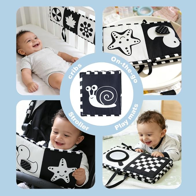 Aila+Aiden Black and White Baby Toys, Tummy Time High Contrast Newborn Toys 0-3 Months, Soft Baby Book, Visual Stimulation Montessori Sensory Infant Toys 0-6-12 Months, Shower Gift for Boys Girls