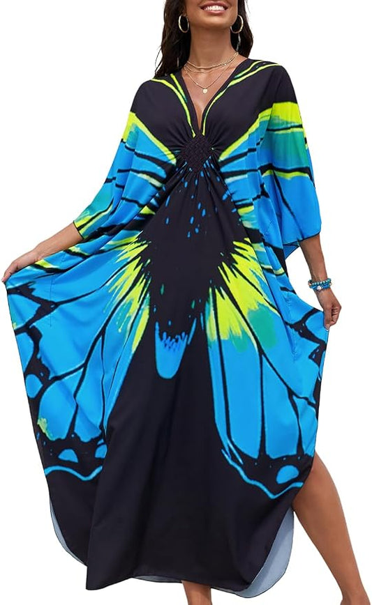 ChiaoLezhee Print Moo-Moos for Women, Kaftan Cover-Up Dresses, Sexy V-Neck High-Slit, Beach Pool-Party Coverups Muumuu Plus