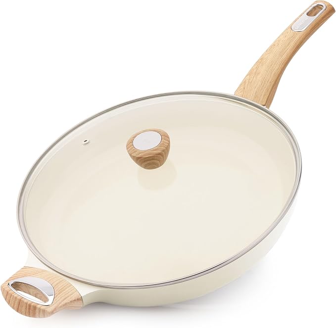 SENSARTE 12.5inch Ceramic Nonstick Frying Pan Skillet with Lid, White | Non Stick Omelet Pans, Non-toxic Healthy Kitchen Cooking Chefs Pan, PFOA/PFAS/PTFE Free, Induction Compatible