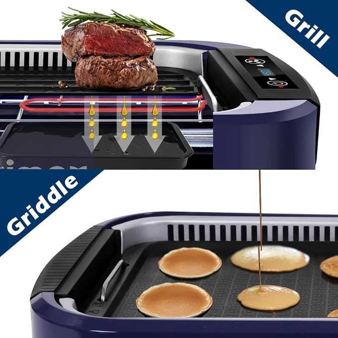 Electric Indoor Grill Griddle, CUSIMAX Smokeless Grill, Blue | with Turbo Smoke Extractor Technology, Smart LED Display & Adjustable Temperature, Non-stick Removable Plate & Griddle Plates