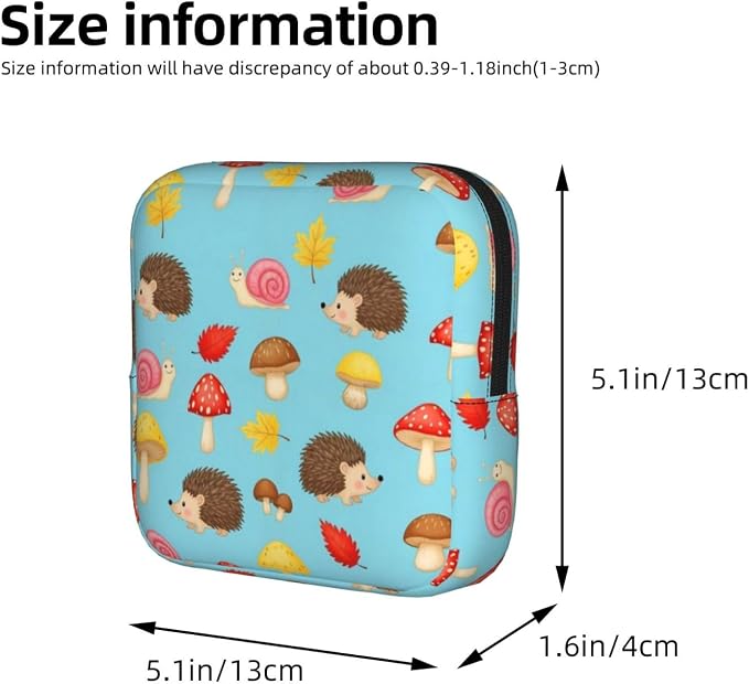 Cute Tampon Storage Pouch for Ladies, Mushrooms Hedgehogs Snail, Polyester Period Bag with Zipper, Multifunctional Storage for Jewelry