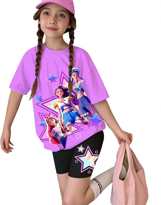 K-POP DEM0N Hunters Outfits for Girls, 2 Piece T-Shirts and Apparel Sets Birthday Gift