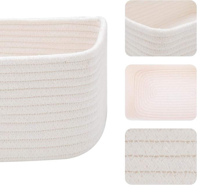 MiniArk Small Storage Baskets for Organizing | Closet Organizer Bins | Shelf Toy Basket | Woven Rope Baskets | Cube Decorative Box | Shallow Basket | 11.5x7.5x4.7” | 3 Packs Off White