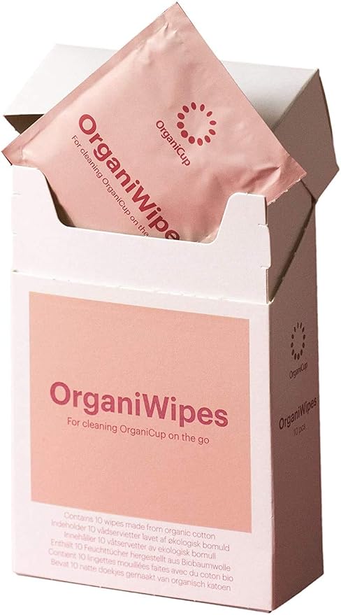 OrganiWipes – Organic Menstrual Cup Wipes 10pcs – Perfume-Free – Vegan - Individually Wrapped – Organic Cotton – Biodegradable - Not Offered in California