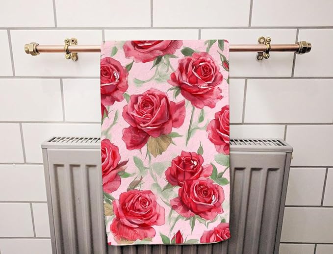 Red Roses Blossom Hand Towel Flower Green Leaf Floral Love Face Towels Suit Travel Sports Pool Swimming Bath Camping Spa Gym Yoga,15x30 Inch