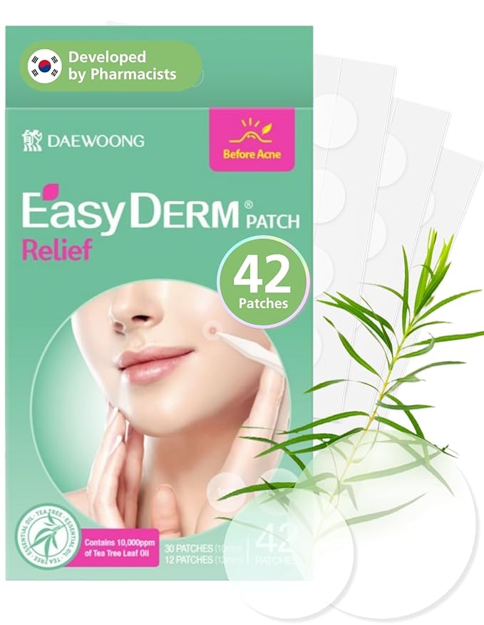 EasyDerm Relief Invisible Patch(42 counts) I Contains 10,000ppm of Tea Tree Oil, Pimple Patch, Ultra-slim 0.1mm, Waterpoof, Korean Pimple Patches Travel Essentials, Mother's day gift