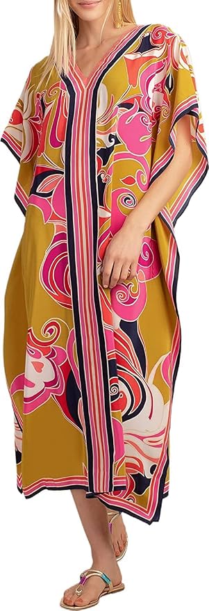 Venasha Womens Caftan Floral Print Kaftan Dress Short Sleeve Swimsuit Cover up Loungewear for Summer
