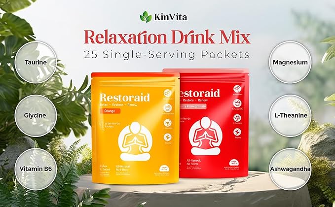 Restoraid Relaxation Drink Mix – 25 Packets | Magnesium, L-Theanine, Ashwagandha, Taurine, Glycine | Calming & Relaxing Supplement (Cranberry Pomegranate)