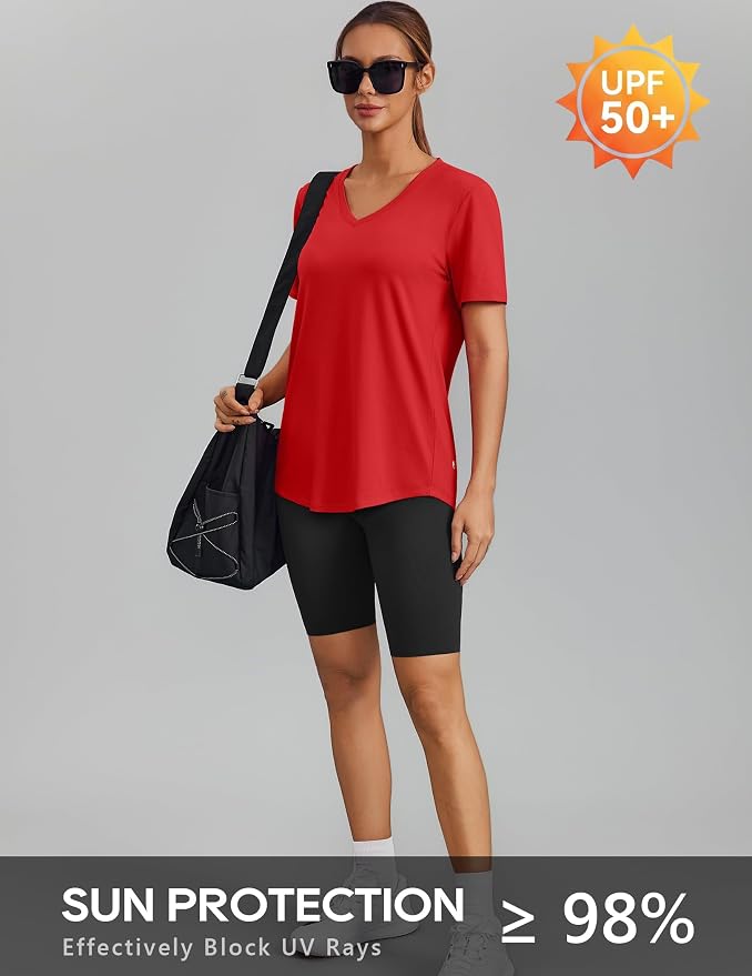 PINSPARK Soft Workout Tops for Women Short Sleeve V Neck Moisture Wicking UPF 50+ Sun Protection Quick Dry Gym Shirts