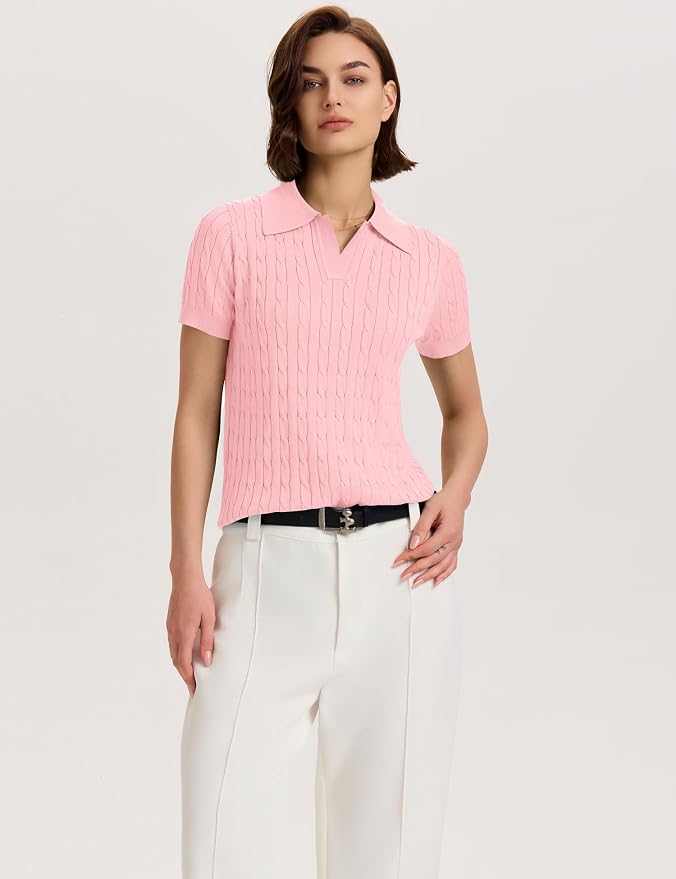 Micoson Womens Short Sleeve Sweater Tops Lapel V Neck Polo Shirts 2026 | Summer Cable Knit Loose Blouses, Business Casual Outfits