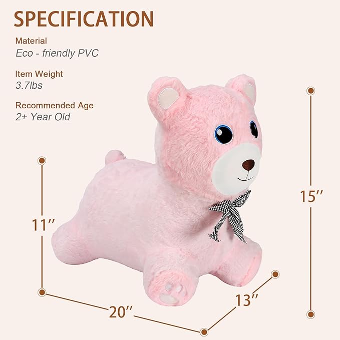 INPANY Bear Bouncy Horse Hopper Toys, Toddler Girl Plush Bouncing Animal, Baby Inflatable Bounce Buddies, Kid Ride on Rubber Bouncer, Outdoor Indoor Cute Birthday Gift Toy for 2 3 4 Year Old Girl Boy