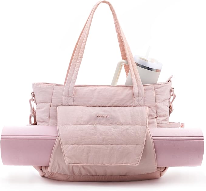Yoga Tote Bag for Women with Yoga Mat Holder & Luggage Sleeve, Large Pilates Gym Bag with 16" Laptop Compartment, Lightweight Puffer Quilted Travel Tote with Water Bottle Pockets for Work