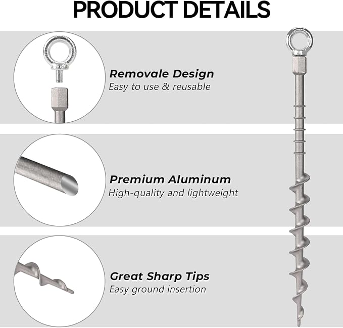 20 Pcs 12" Rustproof Aluminum Screw in Tent Stakes, Heavy Duty Ground Anchors with 8mm Adapter & Hooks, Durable Metal Stakes for Outdoor Camping, Tarp, Swing Sets, Lightweight & Strong Grip