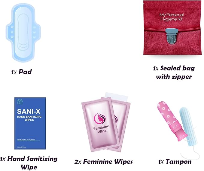 Menstrual Kit All-in-One | Convenience on The Go | Single Period Kit Pack for Travelling, Tweens & Teenagers or Emergency situations | Individually Wrapped Feminine Hygiene Products (Red Purse)