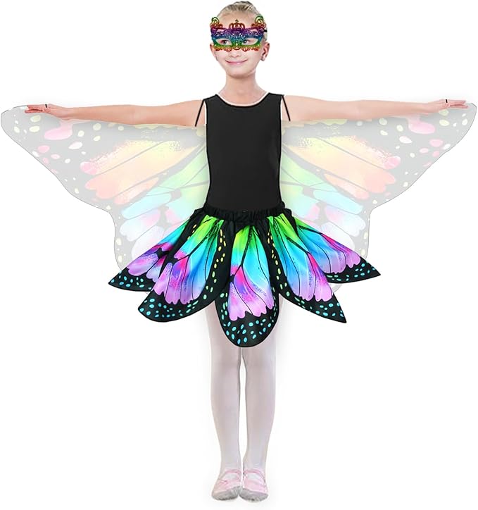 Kids Butterfly Wings Costume for Girls Fairy-Wings Mask Party Favors Gifts (Rainbow+Skirt Sets)