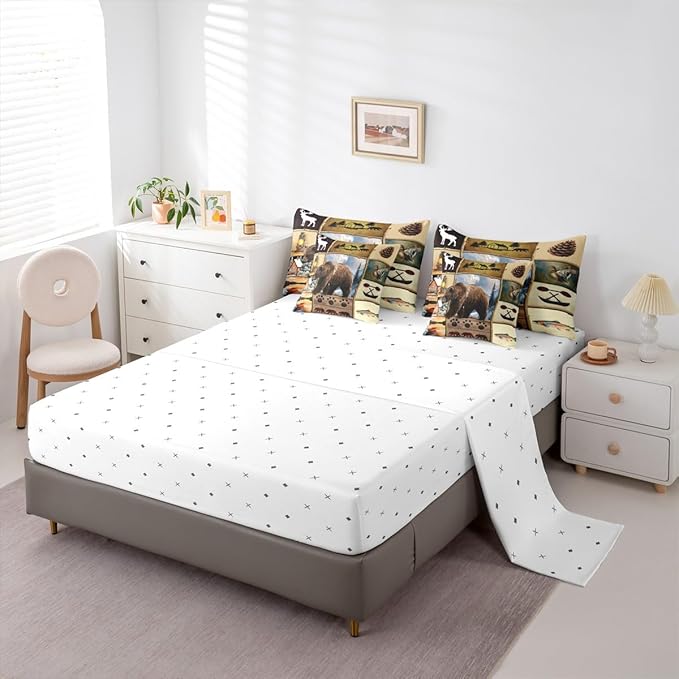Feelyou Rustic Farmhouse Bear King Comforter Set with Sheets for Kids Boys Girls Hunting Wild Animal 7 Pieces Bedding Set Patchwork Cabin Lodge Bed in a Bag Room Decor Soft Microfiber