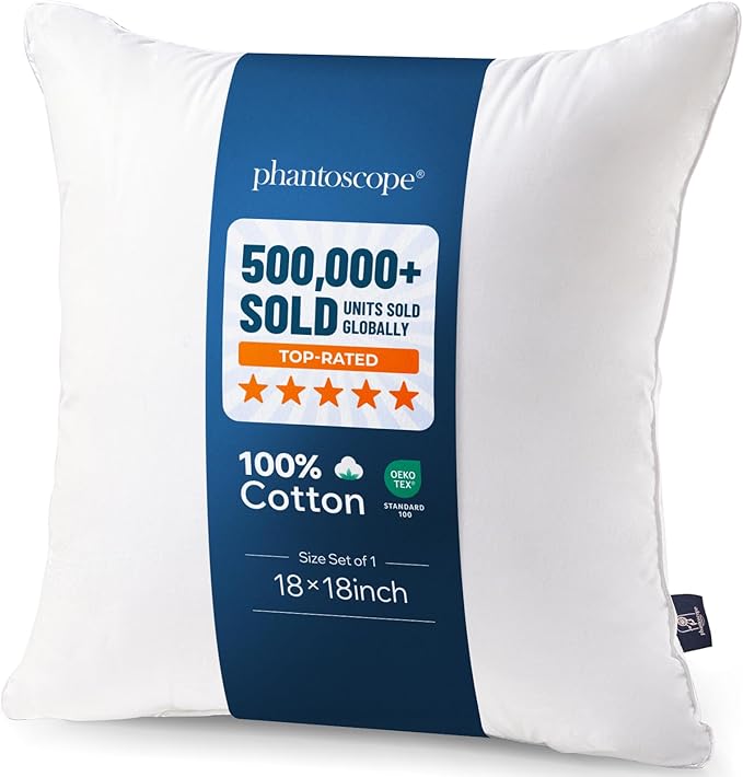 Phantoscope Throw Pillow Insert with 100% Cotton Cover, 18x18 Inch, 1 Pack | Soft Supportive Throw Pillows for Couch Bed, Hypoallergenic Breathable Pillows Inerts, Square Decorative Cushion Sham Stuffer