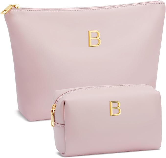 Women Gifts | Initial Makeup Bag for Girl Personalized Gifts for Bridesmaid Friend PU Leather Cosmetic Travel Toiletry Bag(Pink,B)