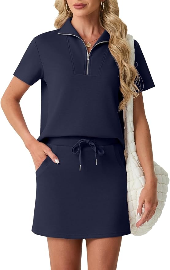 GRECERELLE Women's Summer 2 Piece Skort Set Half Zip Short Sleeve Top & Pocketed Tennis Skirt For Sports & Vacations.
