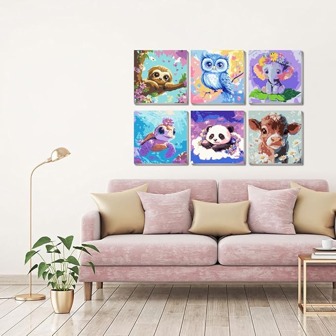 VividMeng 6 Pack Cartoon Paint by Numbers Kit for Kids Framed Canvas, Animals Paint by Number for Kids Ages 4-8-12, DIY Easy Acrylic Painting Kits for Home Wall Decor and Gift (8X8inch)