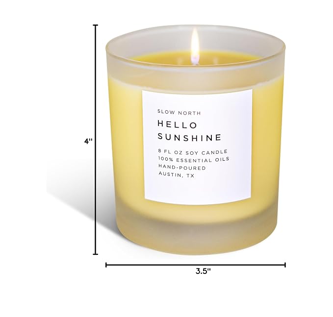 Slow North Hello Sunshine Candle - Essential Oils and Pure Soy Wax Candle in a Reusable Frosted Glass Jar - A Unique and Mindful Scented Candle Hand-Poured in the USA (8 oz)