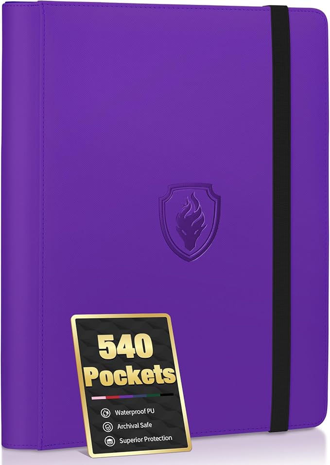 Premium 9 Pocket Card Binder for 540 Cards, Fabmaker PU Cover Trading Card Binder, Sturdy Card Collection Album, Sleek Card Holder Folders for Game Cards & Sports Cards, Purple