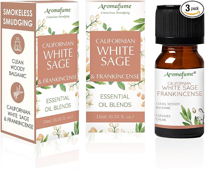 White Sage & Frankincense Essential Oil Diffuser Blend by Aromafume | 3x10ml/0.33 fl oz | Aromatherapy oil for cleansing negative energy, protection | Ethically sourced sage oil for smokeless smudging