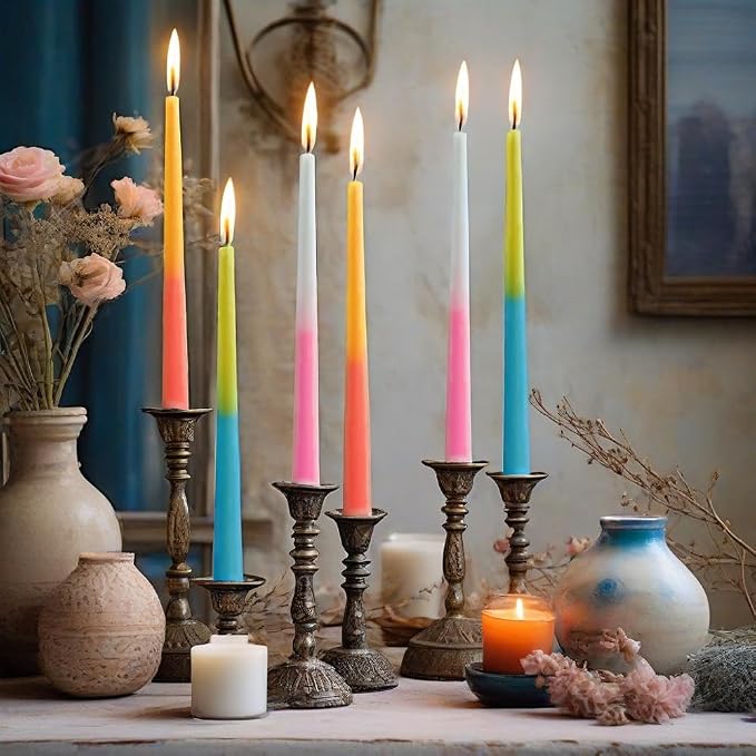 Pastel Taper Candles Set of 6 Rose Scented Candle Sticks Hand Poured Smokeless Two Tone Double Color Design 10 inch Long Candle for Wedding Dining Housewarming Gift Holiday Home Decor