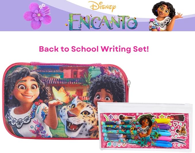 Innovative Designs Disney Encanto Pencil Case Set with Stickers and Gel Pens for Kids, Molded with Zip Closure, Pink