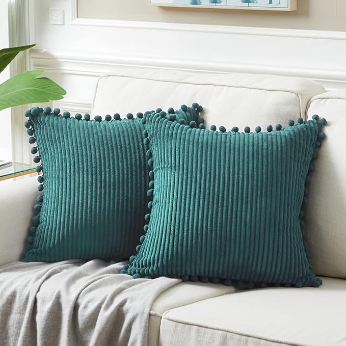 Fancy Homi 22x22 Pillow Covers, 2 Packs Teal Throw Pillow Covers with Pom-poms, Super Soft Corduroy Square Solid Cushion Cover for Couch Sofa Bedroom Living Room 55x55 cm