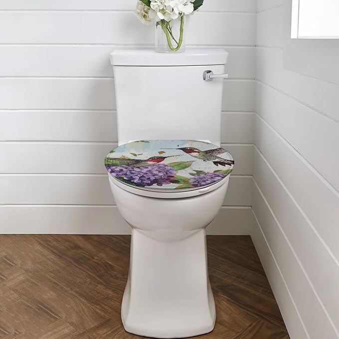Hummingbird and Hydrangea Toilet Seat Cover, Suitable for Most Round and Elongated Toilet Lid, Soft Flannel and Dustproof Toilet Lid Cover