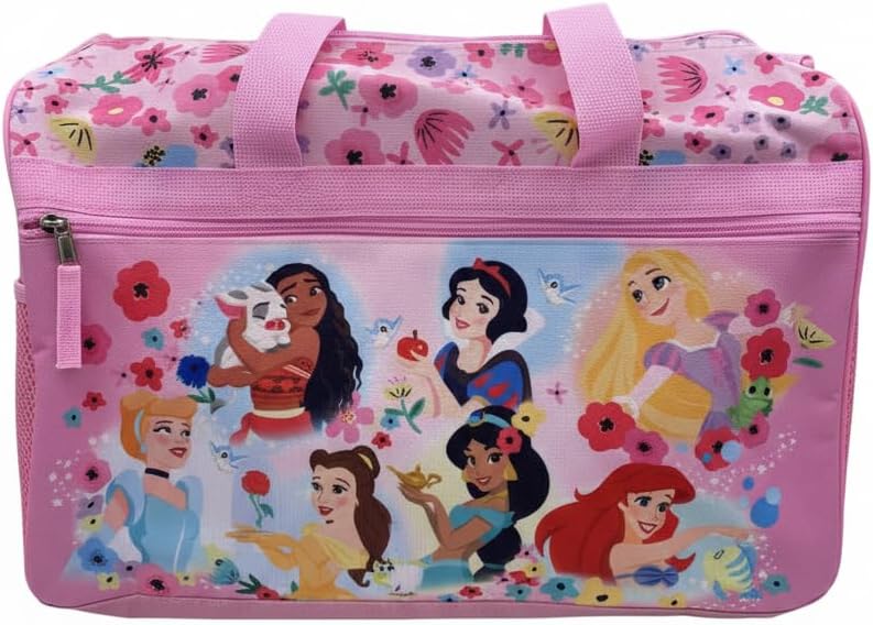 Disney Princess Kids Duffle Bag 16.5" – Travel & Sports Bag with Zipper Pocket, Mesh Side Pockets & Shoulder Strap