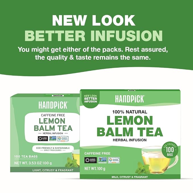 HANDPICK Lemon Balm Tea Bags – 100 Count | 100% Pure & Naturally Dried | Caffeine-Free Herbal Tea with Citrus Flavor & Aroma | Premium Lemon Balm Leaf