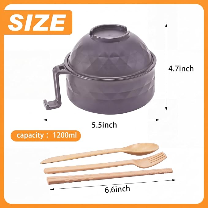 1 Set Microwave Ramen Cooker 40oz Wheat Straw Microwave Noodle Bowl Set with Chopsticks, Spoon, Fork, College Dorm Office Apartment Essentials (Gray)