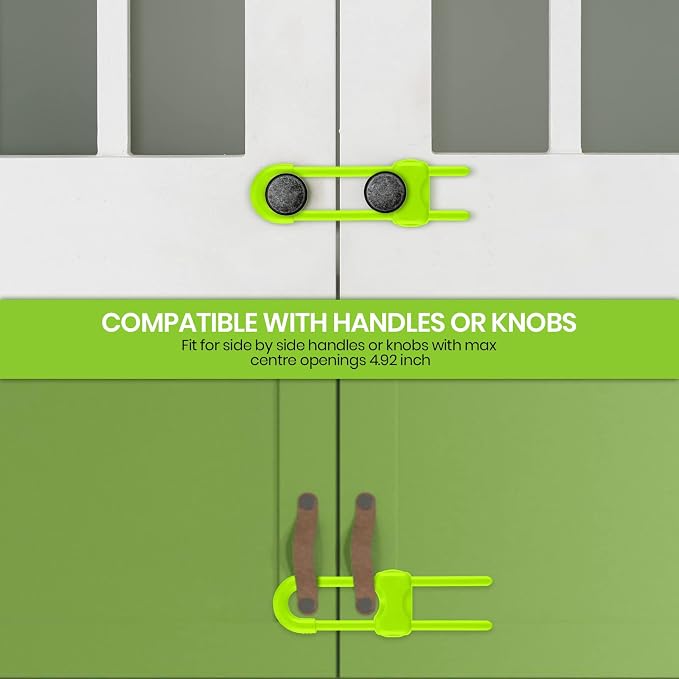 Jetec 10 Pack Baby Cabinet Locks, No Adhesive No Drill Child Safety Locks for Cabinets with Knobs or Handles, Adjustable U-Shaped Child Proof Latches for Cupboards, Fridge, Closet, Pets(Green)