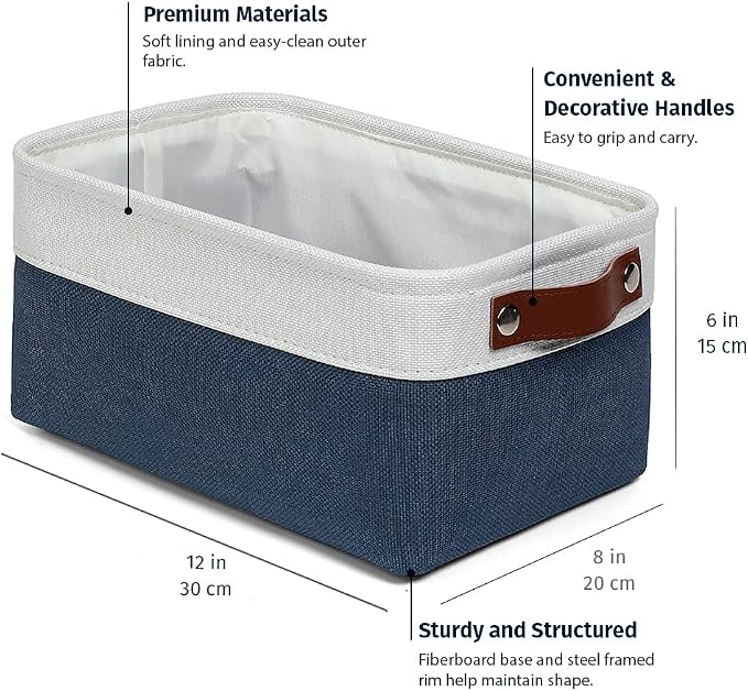 OrganiHaus 12x8in Canvas Storage Baskets, 3 Pack - Fabric Bins for Shelves | Vegan leather handles; a decorative pantry and office organizer, container for desk and books