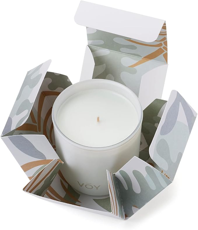 VOY Scented Candle, Crackling Wood & Salty Air of Beach Bonfire Scent, 55 Hour Burn Time, Blended Soy Candle, High-Fragrance Load, 8 oz Jar Candle, Aromatherapy Candle with Sustainable Gift Packaging