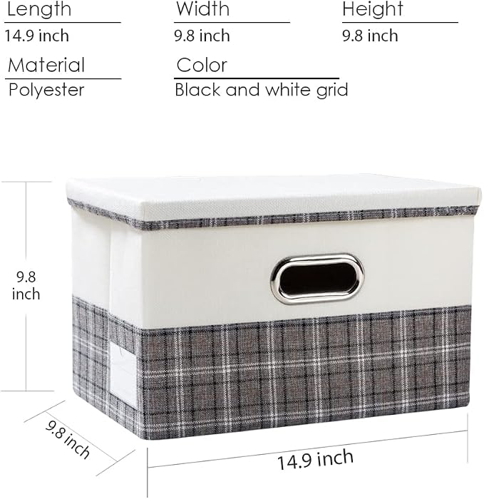 Collapsible Storage Bin with Lid [3-Pack] Fabric Foldable Storage Box Organizer Container Basket Cube with Cover for Home Bedroom Closet Office Nursery Gray plaid & Cream(14.9x9.8x9.8)