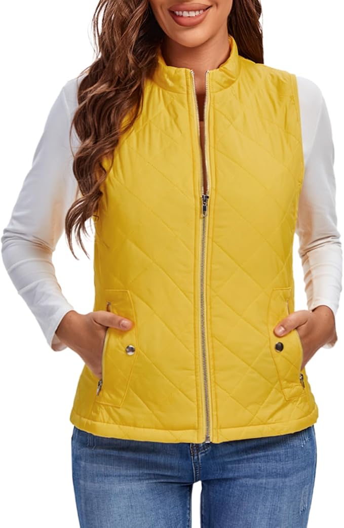 Fuinloth Women's Quilted Vest Lightweight Puffer Stand Collar Zip Gilet | 4 pockets with 2 inner storage. Quilted padded warm gilet. Fall winter outerwear layering vest for travel hiking daily wear.