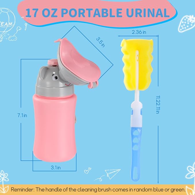 ONEDONE Portable Urinal for Kids 17 OZ Pee Bottle with Clean Brush Travel Urinal for Kids Baby Child Pee Cup for Girls Emergency Toilet for Camping Car Travel and Kid Potty Training (Pink)