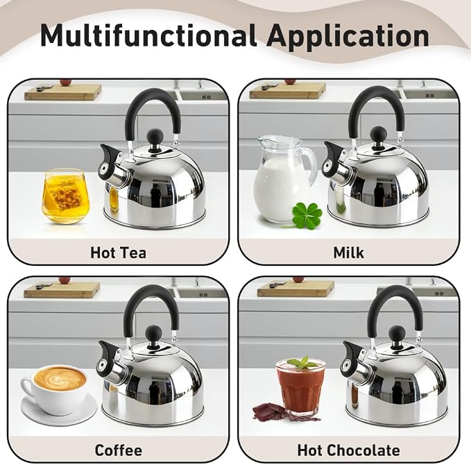 Lily's Home 2 Quart Whistling Tea Kettle, Stainless Steel Stovetop Kettle for Gas & Induction Tops, Classic Whistle Spout, Cool-Touch Handle for Safe Pouring - Perfect for Home, Kitchen, Dorm
