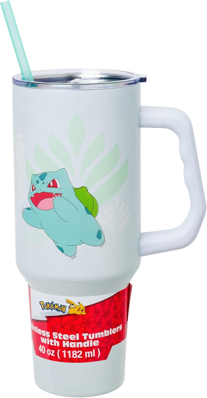 Silver Buffalo Pokémon Stainless Steel Tumbler with Handle Featuring Bulbasaur, Fits in Standard Cup Holder, 40 Ounces