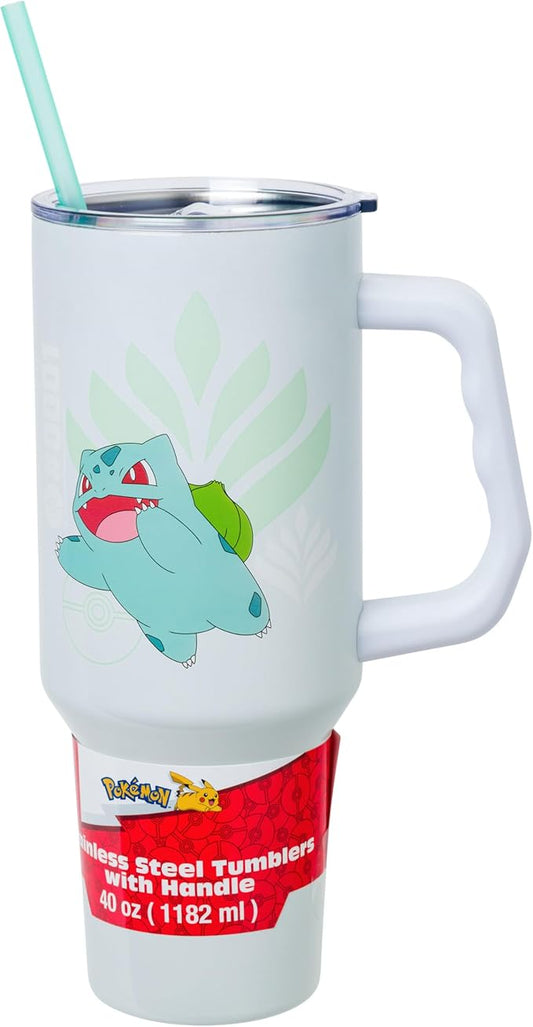 Silver Buffalo Pokémon Stainless Steel Tumbler with Handle Featuring Bulbasaur, Fits in Standard Cup Holder, 40 Ounces