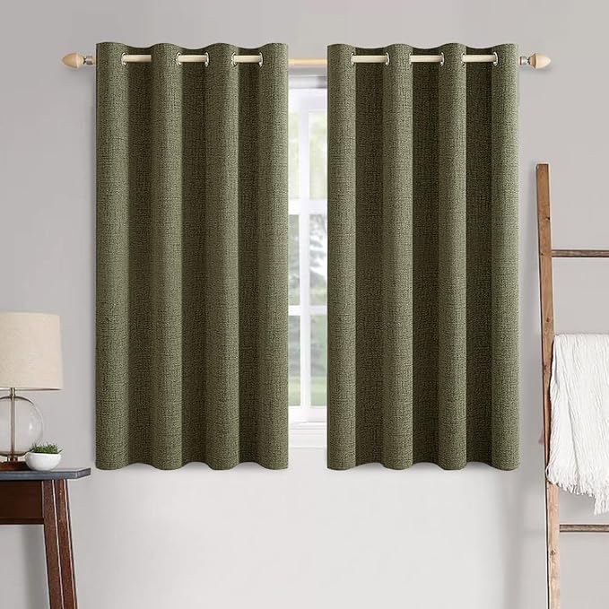 MIULEE Linen Texture Curtains for Bedroom Solid 100% Blackout Thermal Insulated Light Olive Green Curtains Grommet Room Darkening Drapes for Living Room 52x54 Inch (2 Panels)
