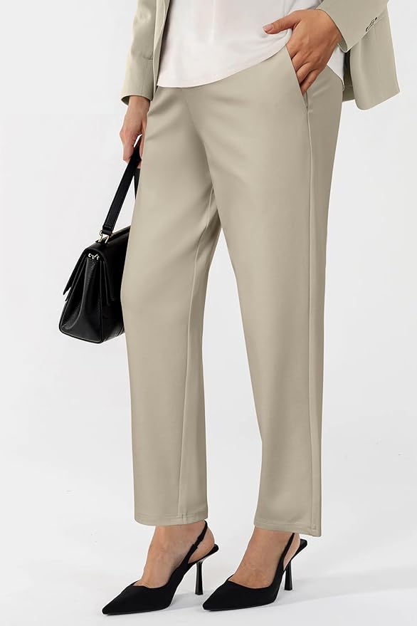 OUGES Womens Stretchy Maternity Over Belly Casual Work Straight Leg Pants Ankle Business Office Trousers with Pockets