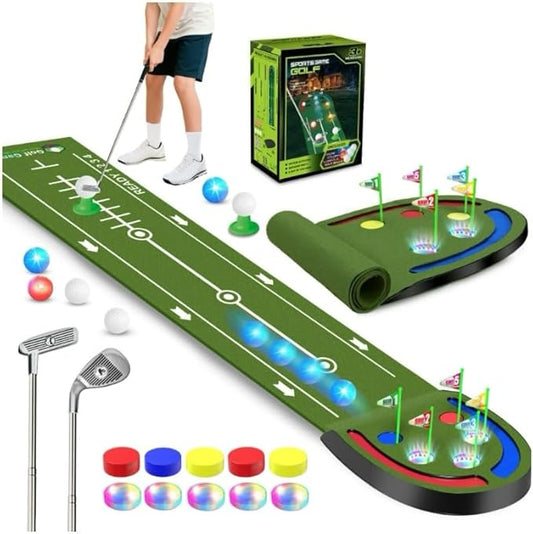Golf Putting Mat with Light up Holes, Glowing Golf Balls, Practice Putting Green with 2 Clubs, Toy Golf set,Golfing Practice Mats,Training Mat Indoor Outdoor,Sport Game for Kids Adults Family