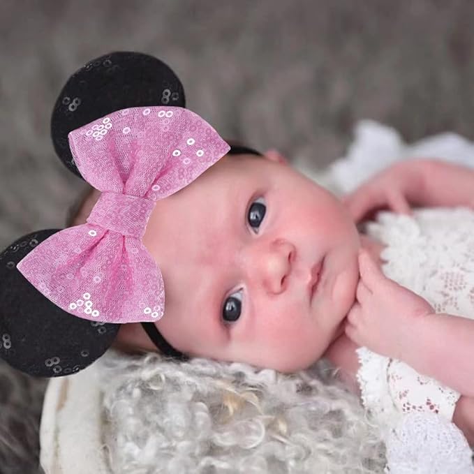 JIAHANG Mouse Ear Headband with Sequin Bow, Soft Elastic Hair Bow Hair Band, Party Headwear for Baby Girls Newborn Infant Toddlers, kids, Gilrs