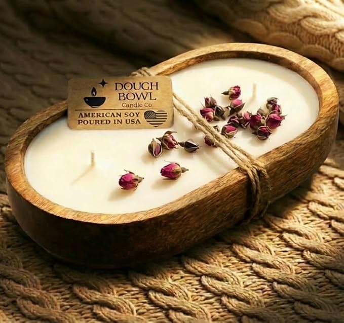 Dough Bowl Candle Co. Rose Candle - 10x6 Large 3 Wick Natural Scented Soy Candles for Women, Valentines Day Decor Gifts for Home, White Decorative Natural Aromatherapy, 30 Hour Burn Time