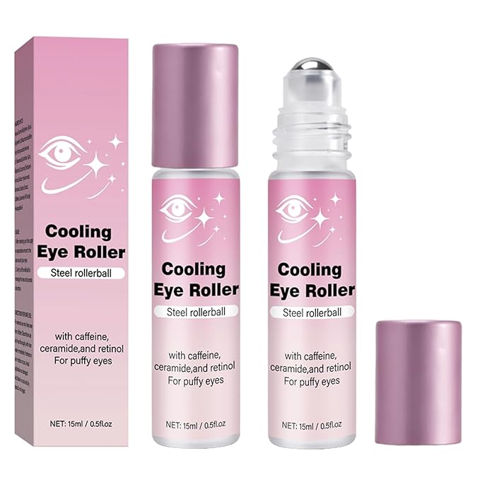 Under Eye Brightener with Cooling Metal Rollerball - Ceramide & Caffeine Eye Serum for Dark Circles and Puffiness Anti Aging, for Men/Women 15ml / 0.51floz (2Pcs) ﻿